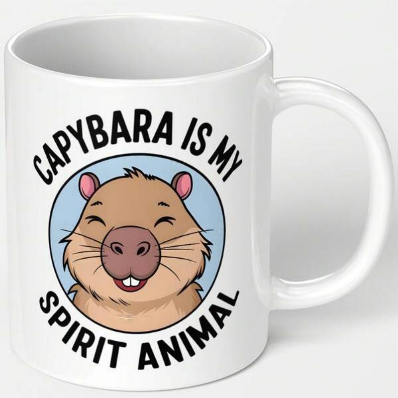 Tailorly White Ceramic 11 oz Mug - Capybara Is My Spirit Animal Adorable Smiling Cartoon Rodent Inside A Blue Circular Frame Capybara