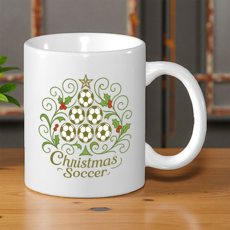 Tailorly White Ceramic 11 oz Mug - Christmas Soccer Festive Swirls And Berries Decorating Stacked Sporting Balls Soccer Tree