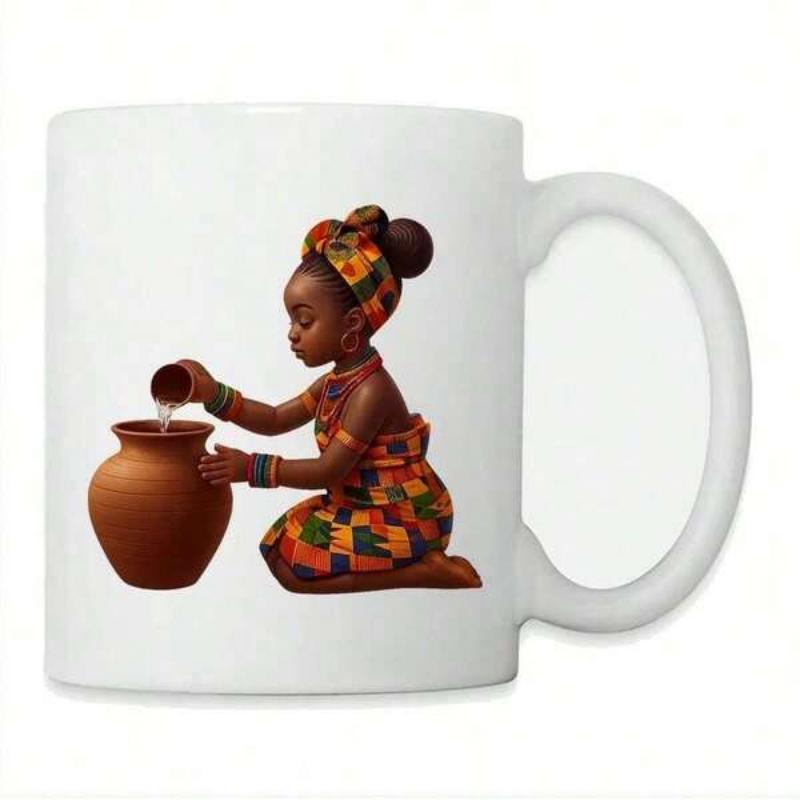 Tailorly White Ceramic 11 oz Mug - Graceful Young African Child In Vibrant Traditional Dress Pouring Water Girl