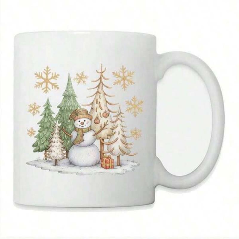Tailorly White Ceramic 11 oz Mug - Whimsical Winter Forest With Golden Snowflakes And Decorative Pine Trees Snowman