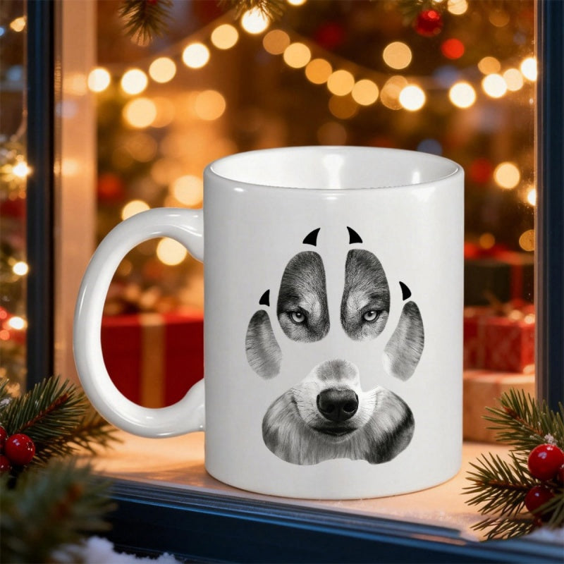 Tailorly White Ceramic 11 oz Mug - Realistic Intense Wolf Face Masked Within A Large Canine Paw Print Wolf