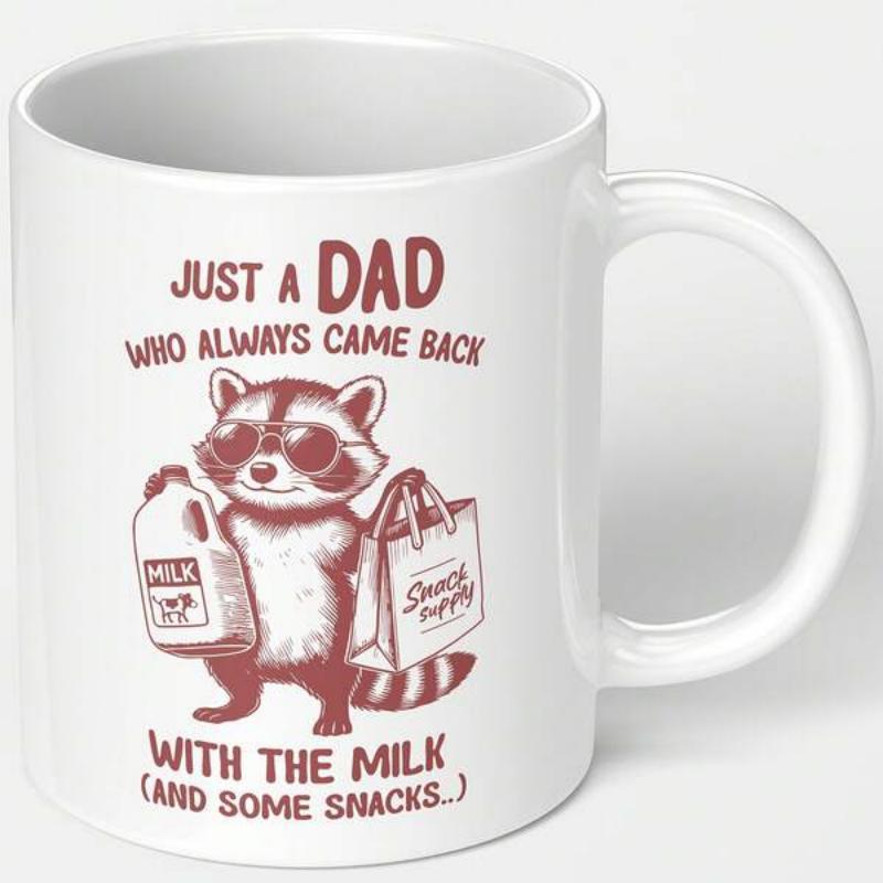 Tailorly White Ceramic 11 oz Mug - Just A Dad Who Always Came Back With The Milk And Some Snacks Retro Style Cartoon Raccoon Wearing Cool Sunglasses Holding