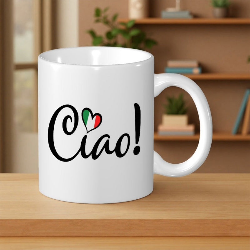 Tailorly White Ceramic 11 oz Mug - Italian Flag Colors Inside A Stylized Artistic Flourishing Heart