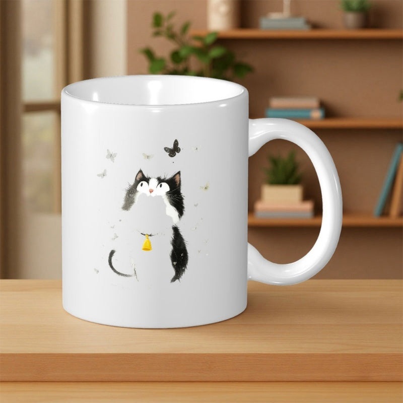 Tailorly White Ceramic 11 oz Mug - Hand Painted Tuxedo Kitten With Golden Bell Watching Fluttering Black Butterflies Cat