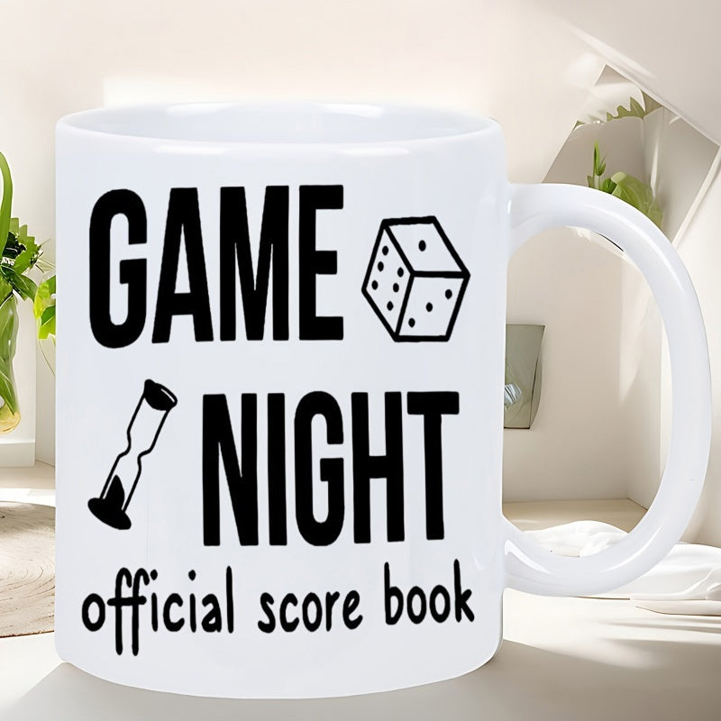 Tailorly White Ceramic 11 oz Mug - Game Night Official Score Book Minimalist Graphic Elements Featuring A Rolling Die And Hourglass Dice