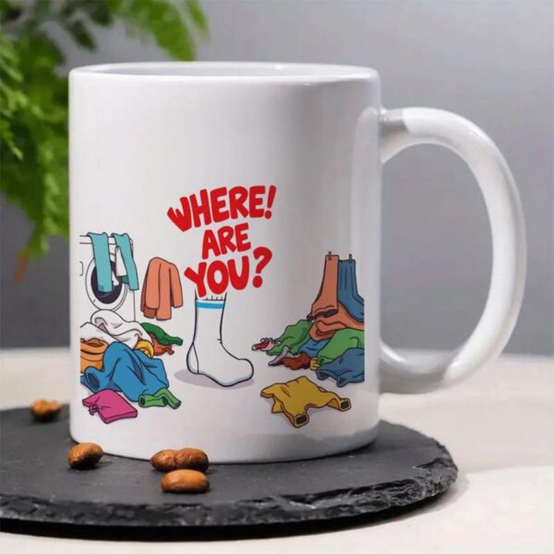 Tailorly White Ceramic 11 oz Mug - Where Are You Vibrant Scattered Laundry Piles Near A Vintage Washing Machine Sock
