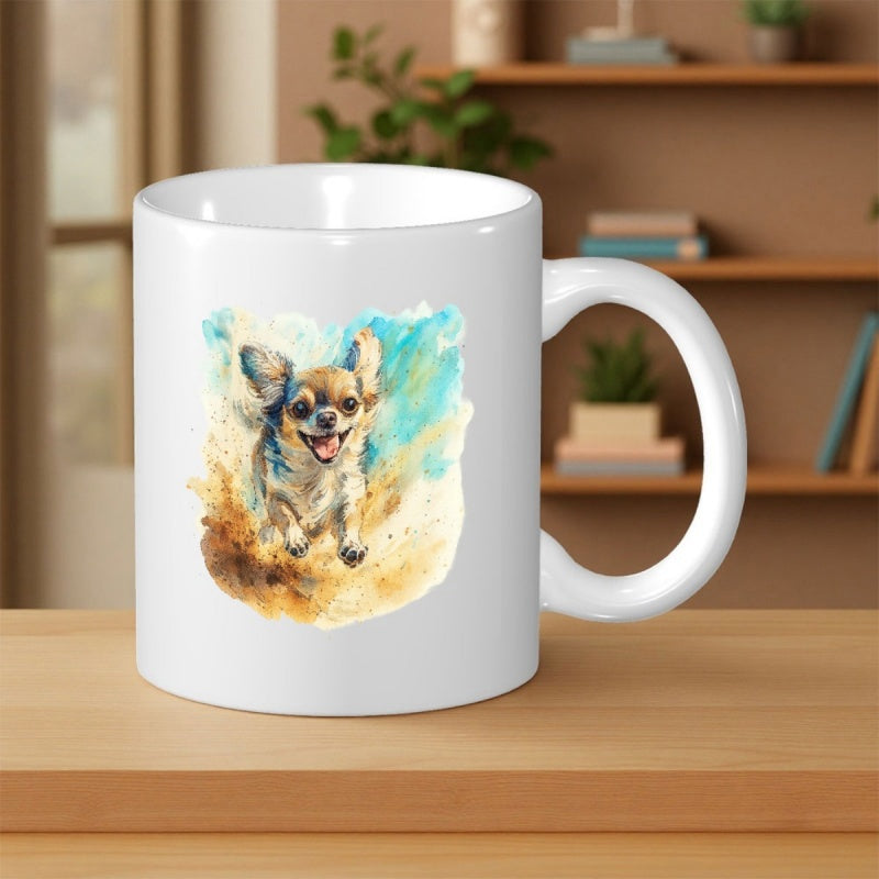 Tailorly White Ceramic 11 oz Mug - Watercolor Style Happy Small Dog Running Among Vibrant Artistic Paint Splashes Chihuahua