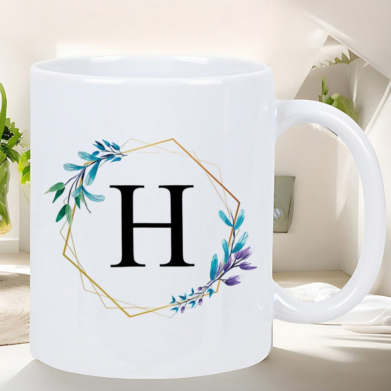 Tailorly White Ceramic 11 oz Mug - H Elegant Golden Geometric Frame Surrounded By Purple And Blue Watercolor Leaves Letter