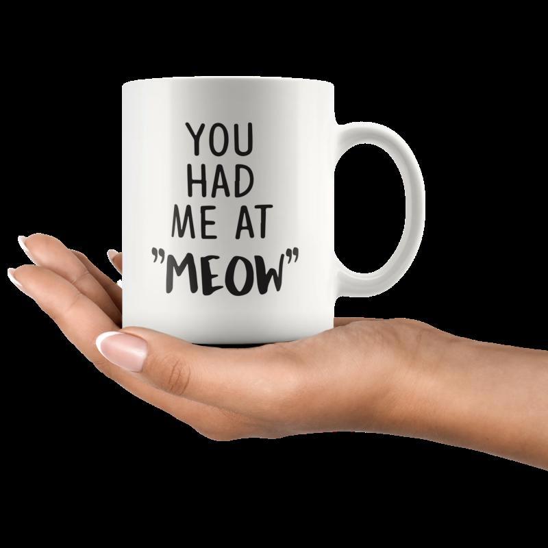Tailorly White Ceramic 11 oz Mug - You Had Me At Meow Elegant White Ceramic Cup Resting On A Feminine Hand Palm Mug