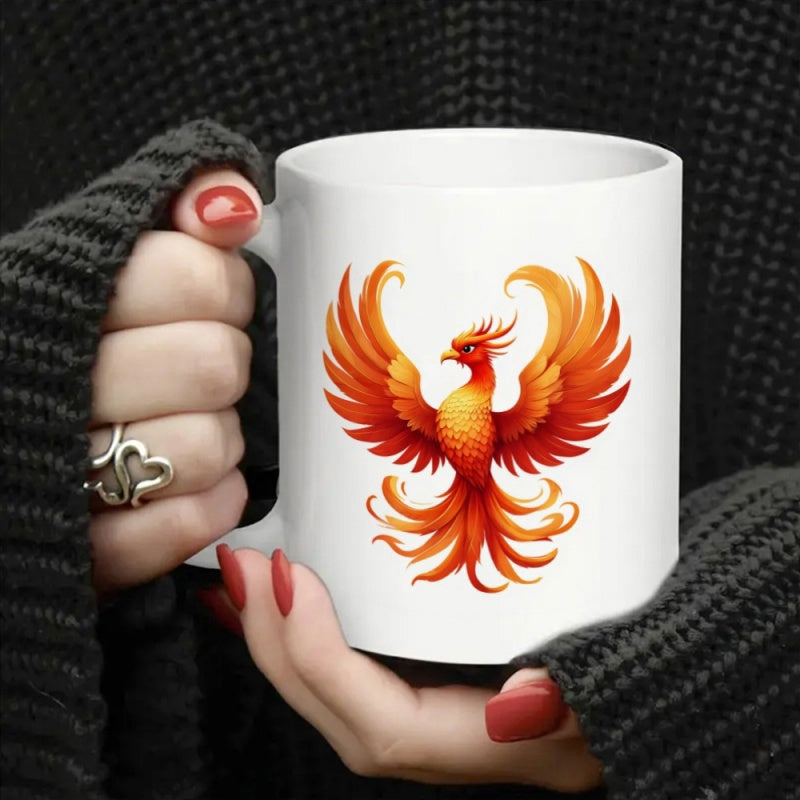Tailorly White Ceramic 11 oz Mug - Majestic Rising Wings With Vibrant Orange And Red Fiery Glow Phoenix