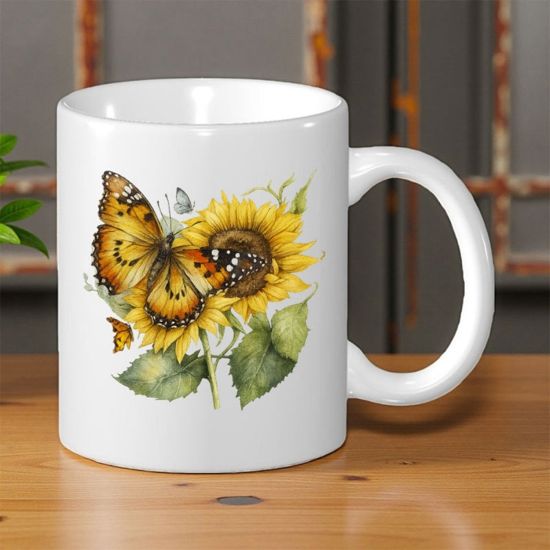Tailorly White Ceramic 11 oz Mug - Vibrant Orange Wings Resting On Sun Drenched Petals Amidst Green Leaves Butterfly