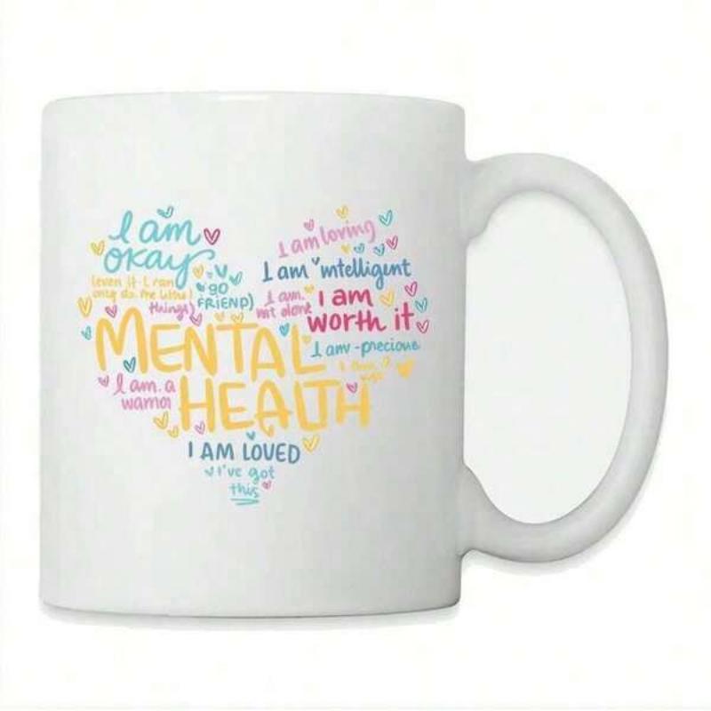Tailorly White Ceramic 11 oz Mug - Mental Health I Am Okay I Am Loved Colorful Positive Affirmations Forming A Decorative Silhouette With Delicate Handwritten