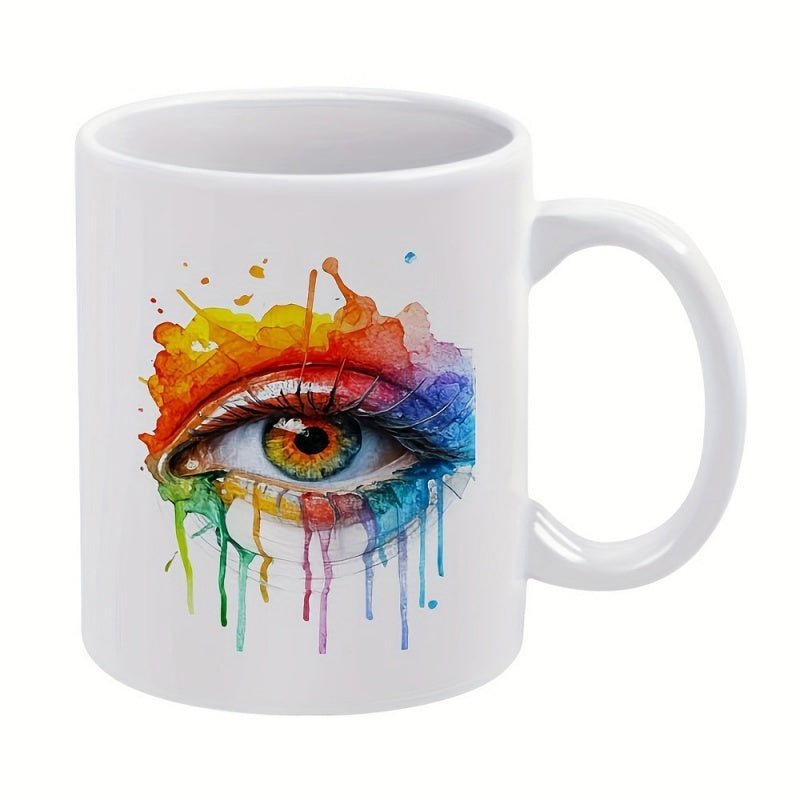 Tailorly White Ceramic 11 oz Mug - Vibrant Rainbow Watercolor Splashes Dripping From A Detailed Artistic Human Eye