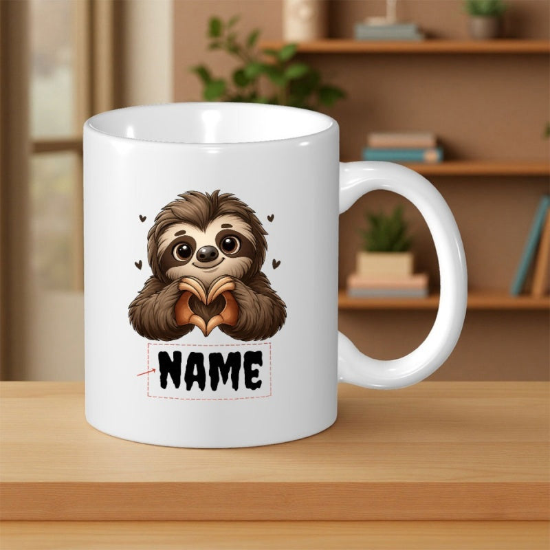 Tailorly White Ceramic 11 oz Mug - Name Adorable Cartoon Sloth Making Heart Gesture Surrounded By Small Floating Hearts Sloth