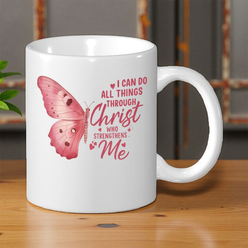 Tailorly White Ceramic 11 oz Mug - I Can Do All Things Through Christ Who Strengthens Me Delicate Pink Wings Flapping Among Beautiful Floating Little Hearts