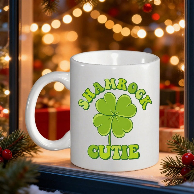 Tailorly White Ceramic 11 oz Mug - Shamrock Cutie Vibrant Green Four Leaf Clover Featuring Retro Bubble Lettering Shamrock
