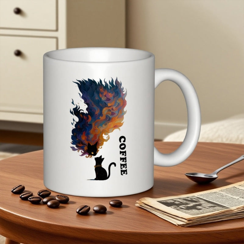 Tailorly White Ceramic 11 oz Mug - Coffee Abstract Colorful Smoke Swirling Over A Small Black Cat
