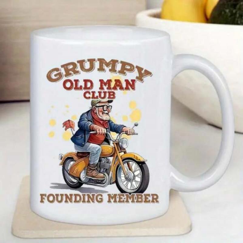 Tailorly White Ceramic 11 oz Mug - Grumpy Old Man Club Founding Member Vintage Style Character Riding A Classic Yellow Motorbike With Artistic Flair Motorcycle