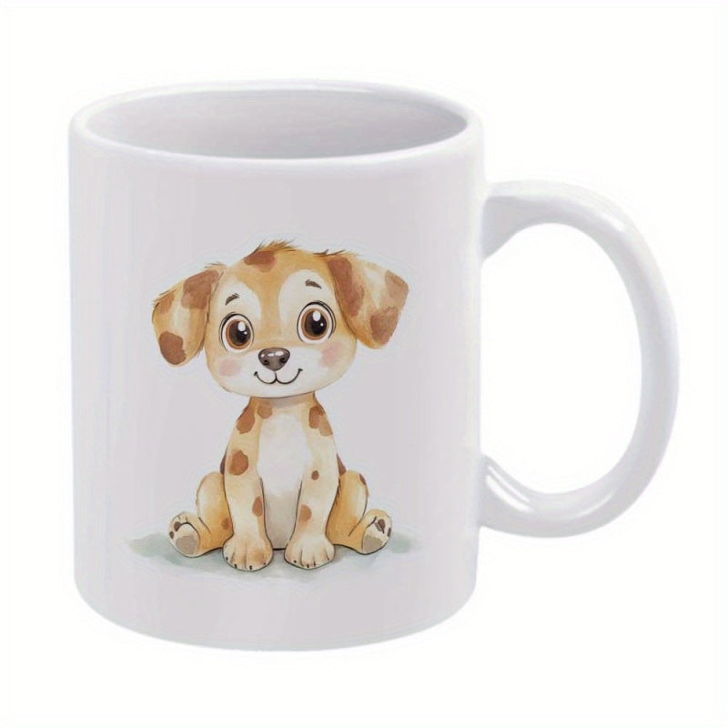 Tailorly White Ceramic 11 oz Mug - Adorable Watercolor Style Spotted Brown And White Sitting Little Puppy