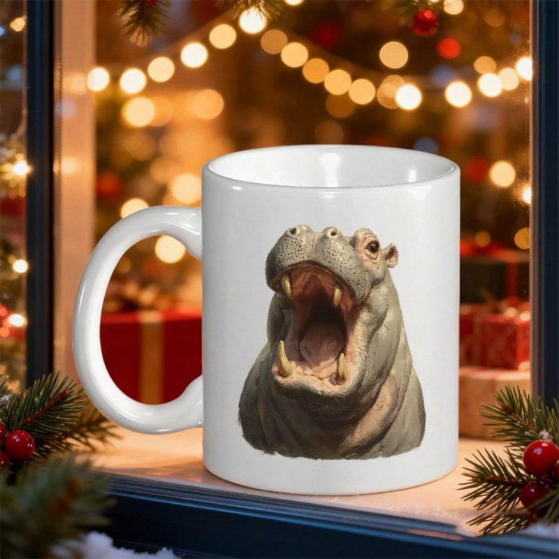 Tailorly White Ceramic 11 oz Mug - Realistic African Wildlife With Open Wide Mouth Roaring Mighty Hippopotamus