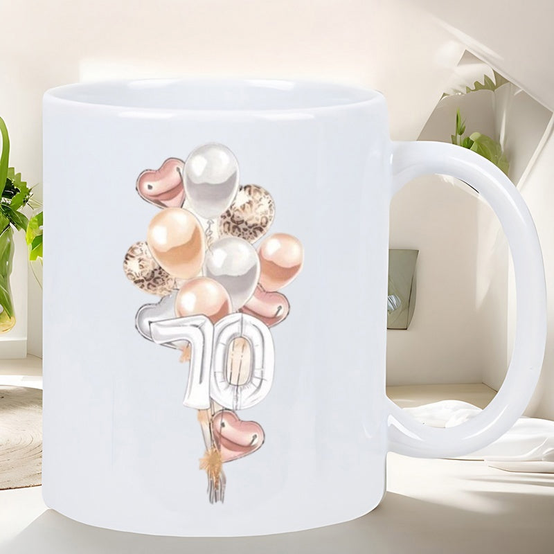 Tailorly White Ceramic 11 oz Mug - Shimmering Rose Gold And Silver Festive Balloons With Numeric Seventy Shapes Balloon