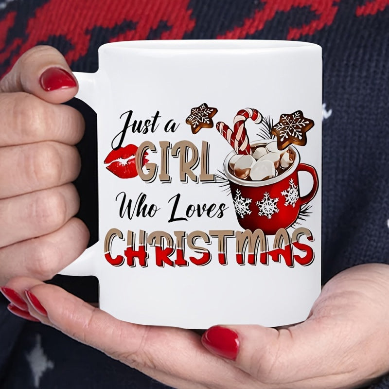 Tailorly White Ceramic 11 oz Mug - Just A Girl Who Loves Christmas Red Mug With Marshmallows Candy Cane And Gingerbread Stars Festive Cozy Mug