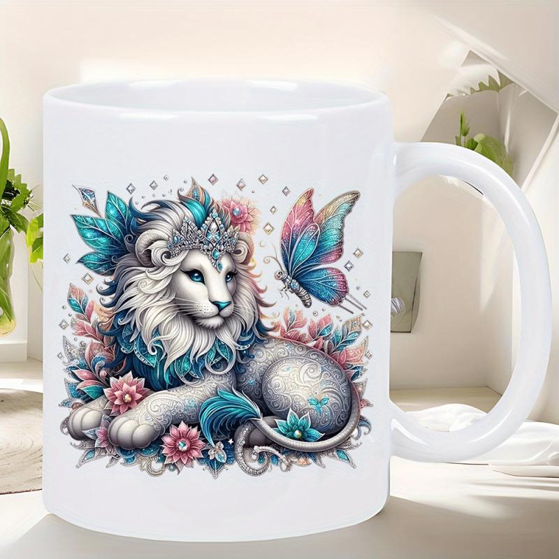 Tailorly White Ceramic 11 oz Mug - Majestic White Fantasy Lion With Ornate Silver Crown Among Blooming Garden Flowers Lion