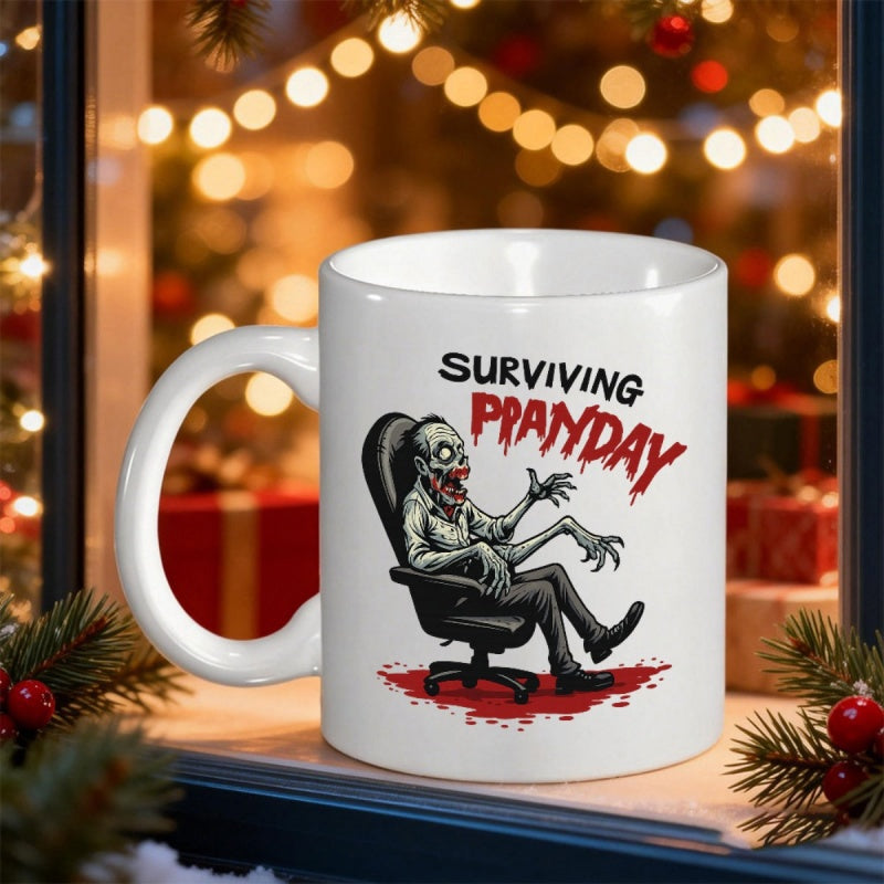 Tailorly White Ceramic 11 oz Mug - Surviving Payday Exhausted Undead Worker Sitting In An Office Chair Zombie