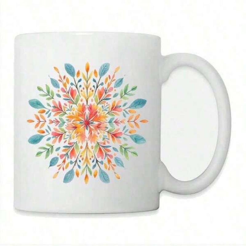 Tailorly White Ceramic 11 oz Mug - Watercolor Style Floral Arrangement With Vibrant Leaves And Blossoms Mandala