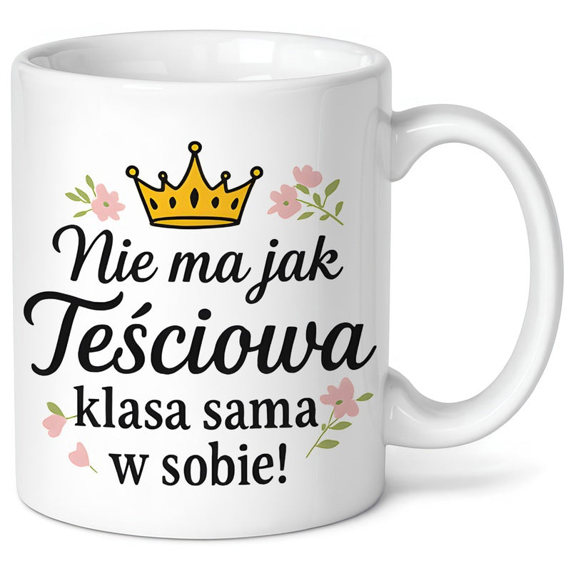 Tailorly White Ceramic 11 oz Mug - Golden Royal Tiara Among Elegant Pink Floral Blossoms And Green Leaves Crown