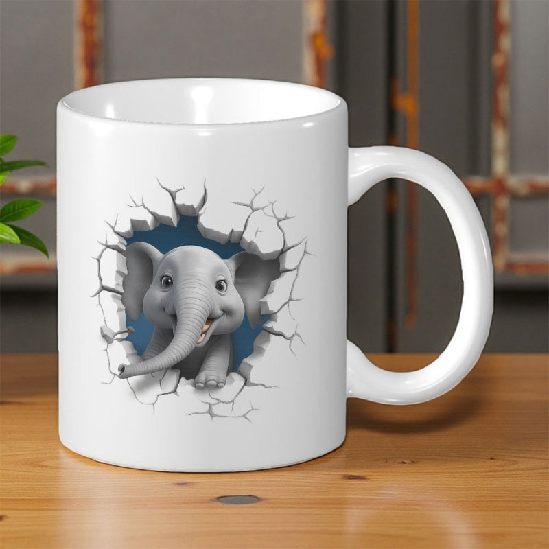 Tailorly White Ceramic 11 oz Mug - Cute Cartoon Baby Peeking Through A Realistic Cracked White Wall Elephant