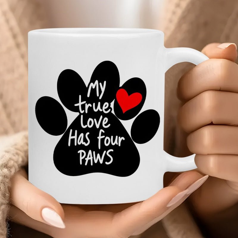Tailorly White Ceramic 11 oz Mug - My True Love Has Four Paws Artistic Silhouette Print Featuring A Small Vibrant Red Heart Paw