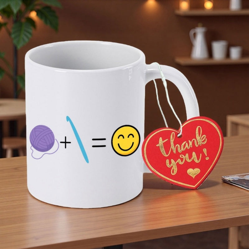 Tailorly White Ceramic 11 oz Mug - Thank You Purple Yarn Ball And Blue Crochet Hook With Happy Yellow Smiley Mug