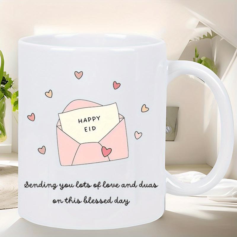 Tailorly White Ceramic 11 oz Mug - Happy Eid Sending You Lots Of Love And Duas On This Blessed Day Minimalist Pink Design With Small Floating Hearts Above A