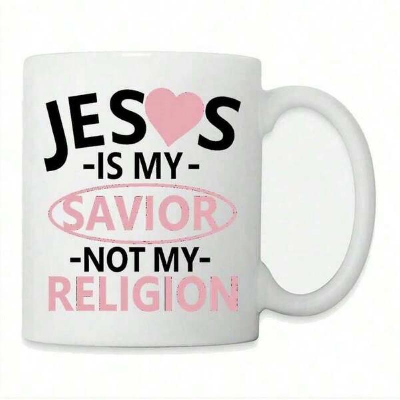 Tailorly White Ceramic 11 oz Mug - Jesus Is My Savior Not My Religion Minimalist Pink Heart With Bold Religious Typography Centered Inside An Oval Heart