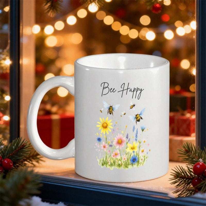 Tailorly White Ceramic 11 oz Mug - Bee Happy Watercolor Wildflowers And Tiny Bees Dancing Above A Summer Garden Bee