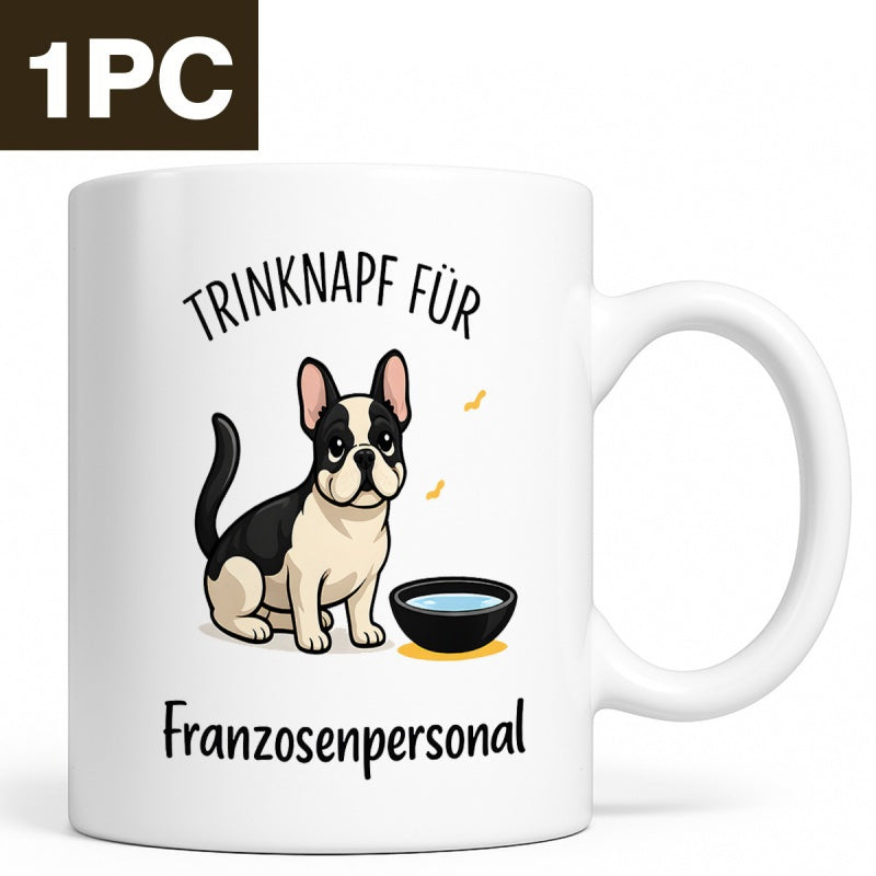 Tailorly White Ceramic 11 oz Mug - Adorable French Bulldog Sitting Calmly Beside A Small Black Water Bowl Bulldog