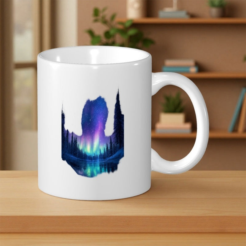 Tailorly White Ceramic 11 oz Mug - Vibrant Purple Sky Shimmering Over Serene Pine Forest Lake Reflection Aurora