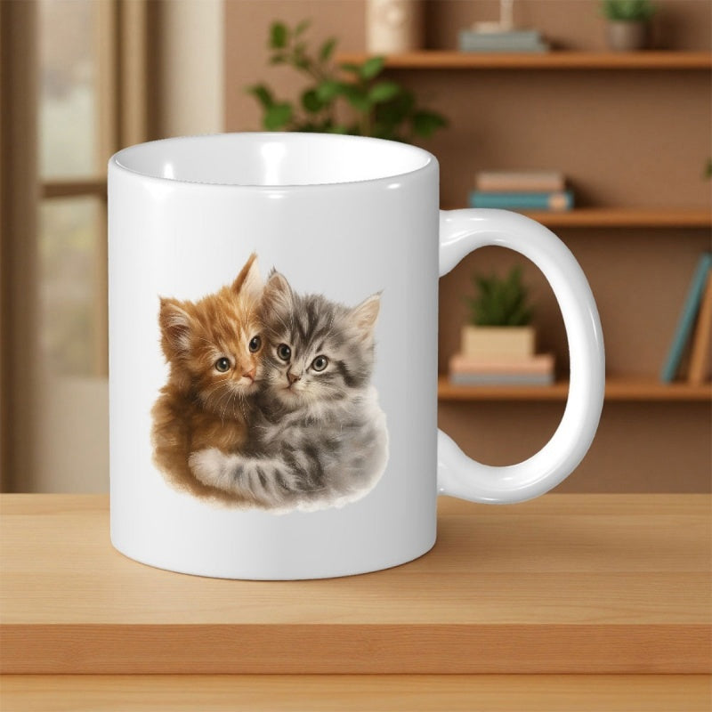 Tailorly White Ceramic 11 oz Mug - Two Adorable Fluffy Ginger And Grey Tabby Furry Friends Hugging Kittens