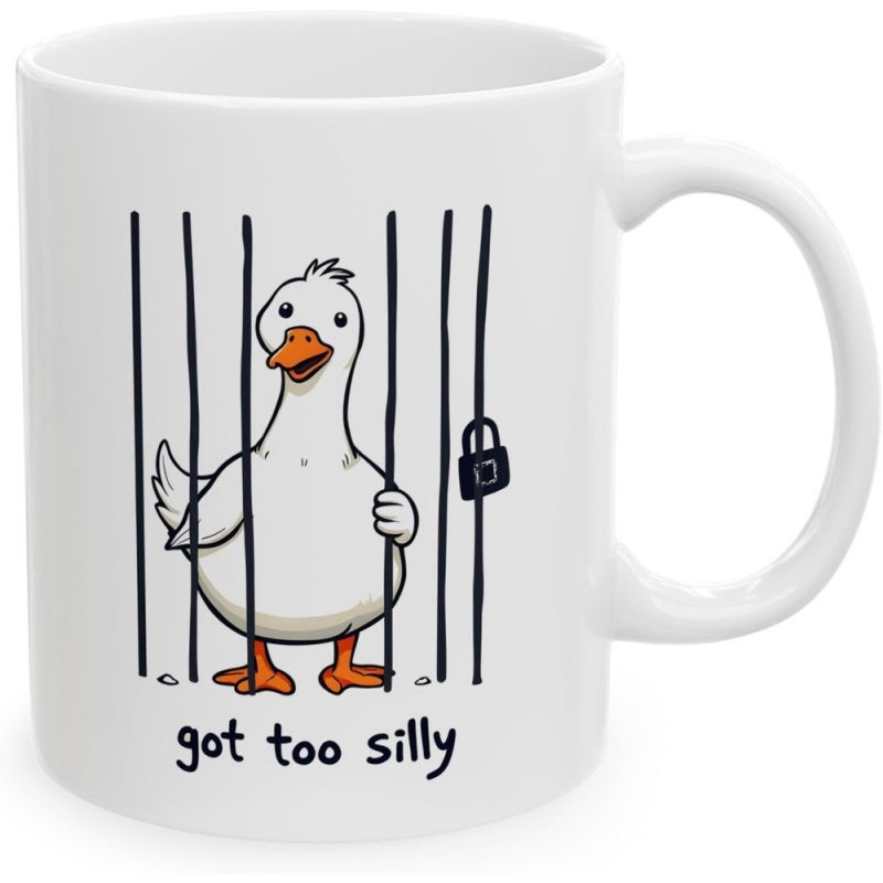 Tailorly White Ceramic 11 oz Mug - Got Too Silly Cartoon White Duck Standing Behind Vertical Black Metal Prison Bars Duck