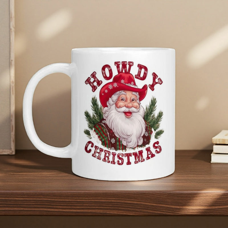 Tailorly White Ceramic 11 oz Mug - Howdy Christmas Jolly Santa Claus Wearing Red Cowboy Hat With Pine Branches Backdrop Santa