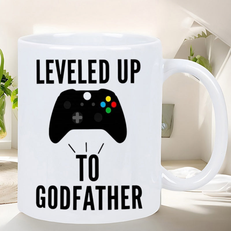 Tailorly White Ceramic 11 oz Mug - Leveled Up To Godfather Black Gaming Controller Silhouette With Colorful Buttons And Action Rays Controller