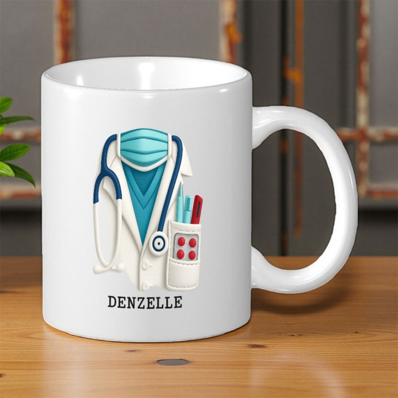 Tailorly White Ceramic 11 oz Mug - Denzelle Medical Professional Attire Featuring Stethoscope And Protective Face Mask Uniform