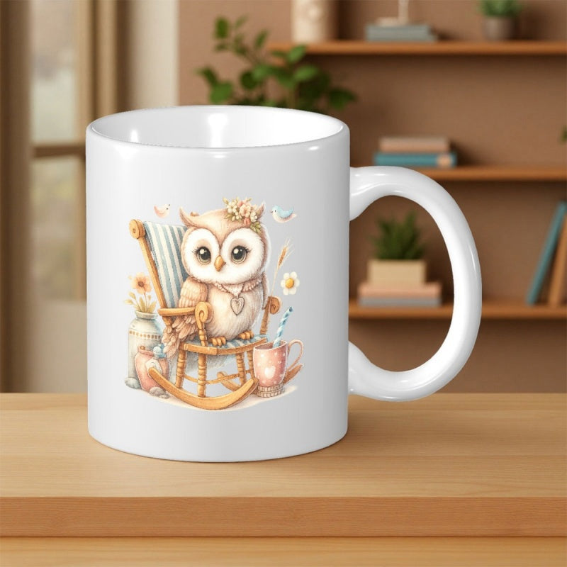 Tailorly White Ceramic 11 oz Mug - Cute Watercolor Bird Sitting On A Wooden Rocking Chair With Flowers Owl