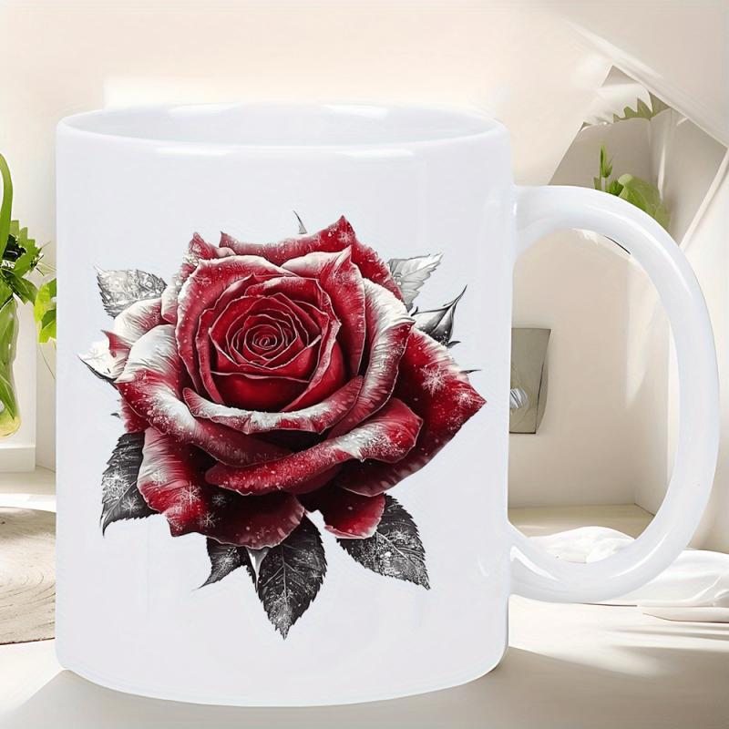 Tailorly White Ceramic 11 oz Mug - Realistic Blooming Red Petals With Intricate Dark Leaves And Elegant Details Rose
