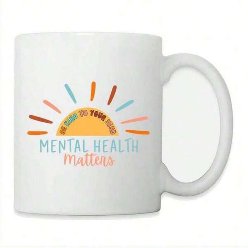 Tailorly White Ceramic 11 oz Mug - Be Kind To Your Mind Mental Health Matters Colorful Radiant Sunbeams Shining From A Vibrant Semi Circle Rising Sun