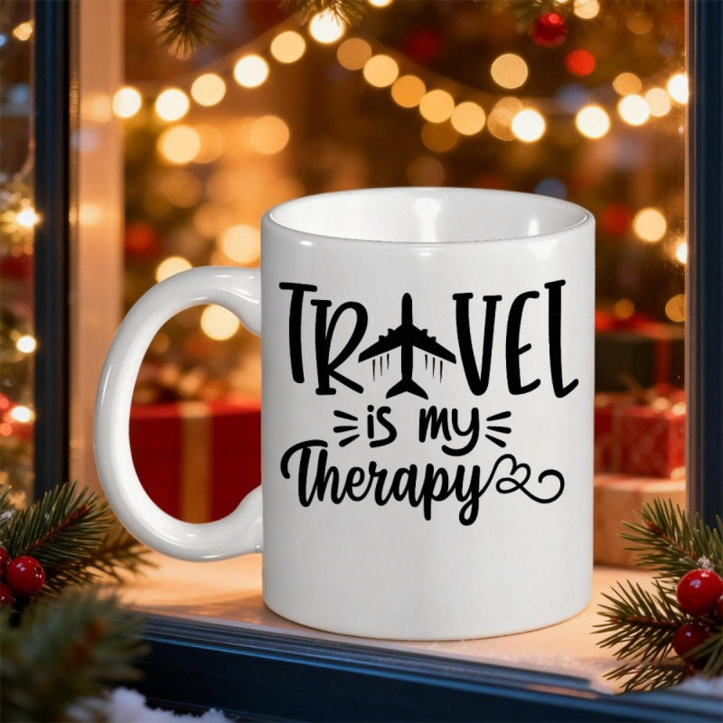 Tailorly White Ceramic 11 oz Mug - Travel Is My Therapy Minimalist Black Silhouette Of A Flying Small Passenger Jet Airplane