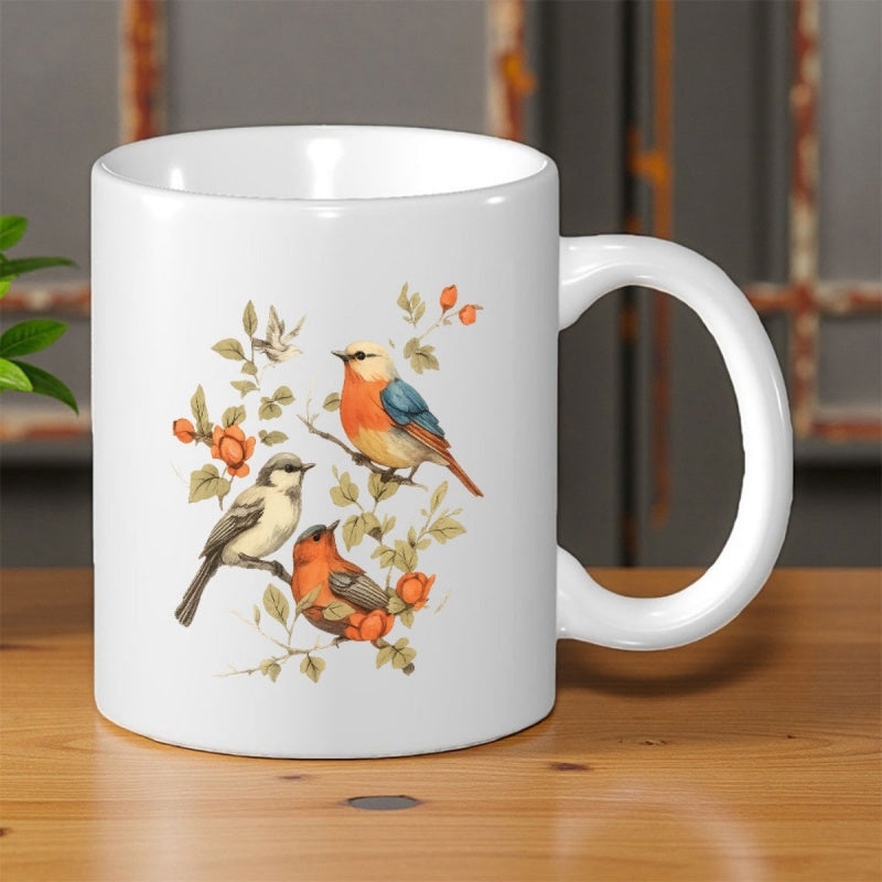 Tailorly White Ceramic 11 oz Mug - Three Colorful Songbirds Perched On Delicate Branches Among Autumn Berries Birds