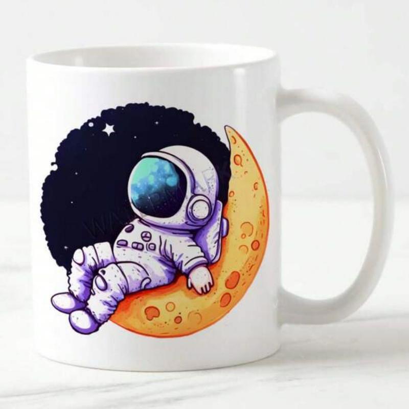 Tailorly White Ceramic 11 oz Mug - Peaceful Space Scene With Cute Character Sleeping Upon Glowing Golden Crescent Moon Astronaut