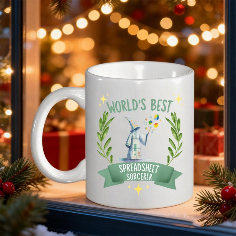 Tailorly White Ceramic 11 oz Mug - Worlds Best Spreadsheet Sorcerer Magical Figure Holding Glowing Spheres Among Green Laurels And Sparkling Stars Wizard